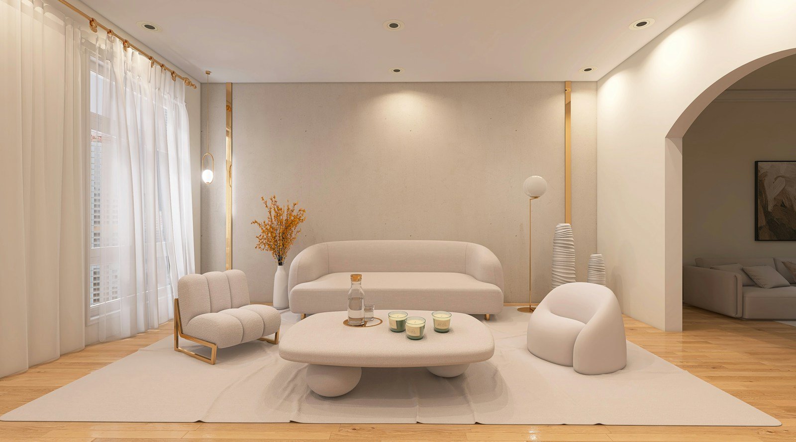 Interior sofa putih modern — hasil akhir yang dijanjikan sejak survei