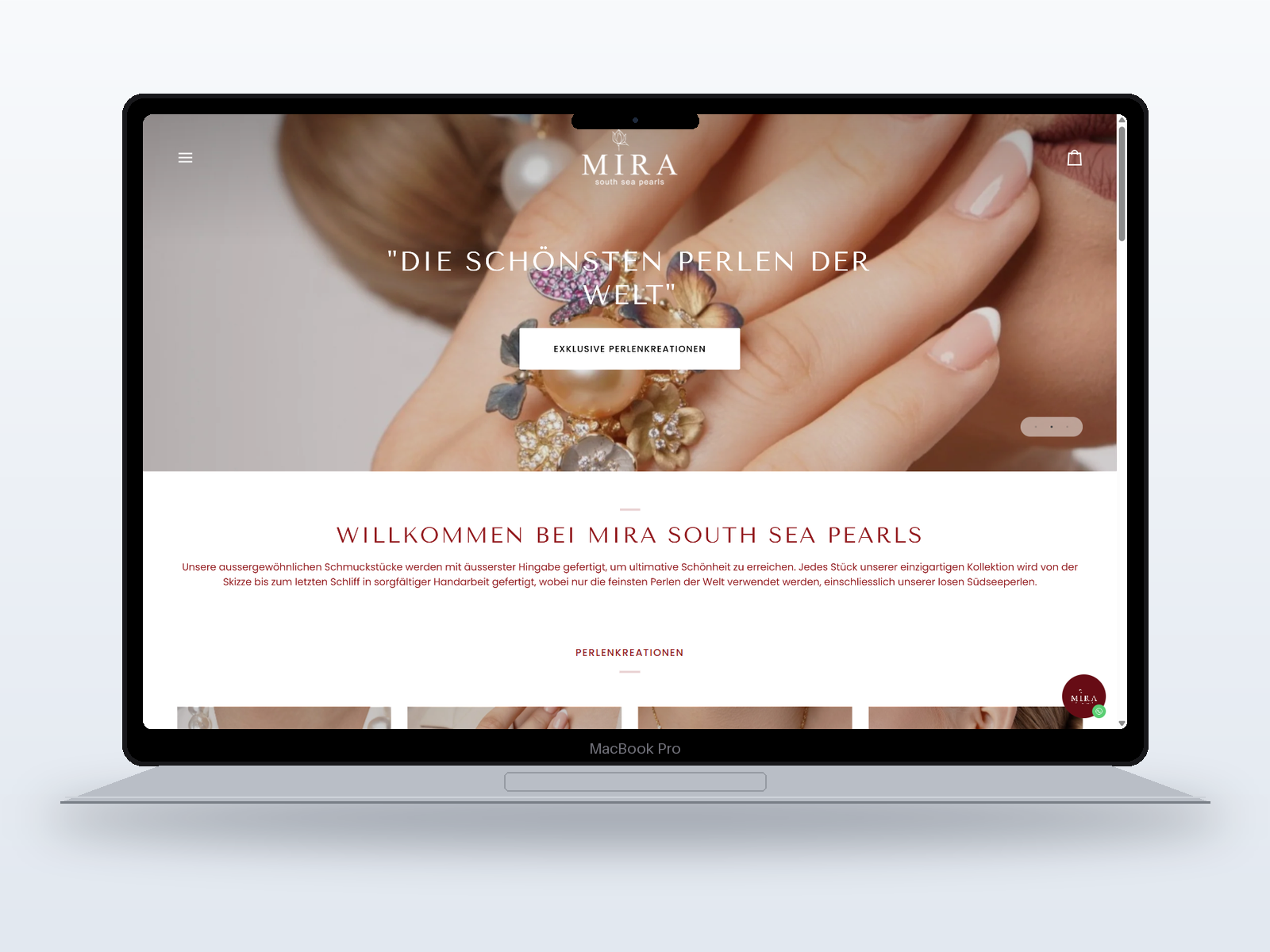 Website Mira Southsea Pearls tampil di MacBook Pro