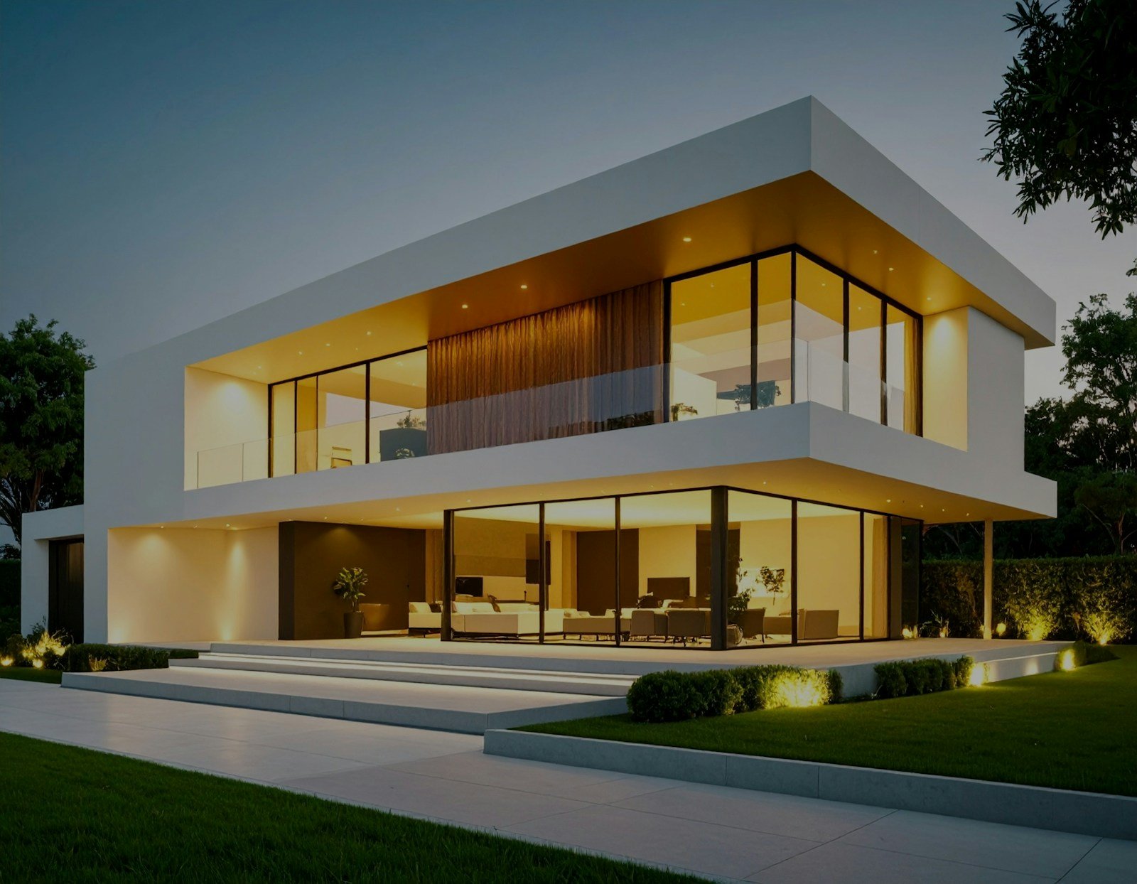 Rumah modern menyala malam hari — visual yang menjual gaya hidup